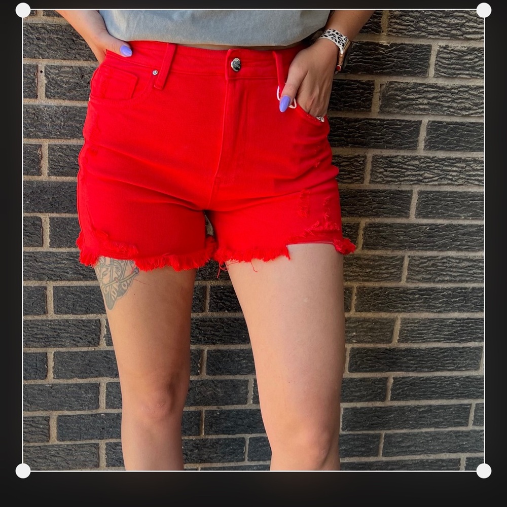 Vibrant Red Distressed Jean Shorts